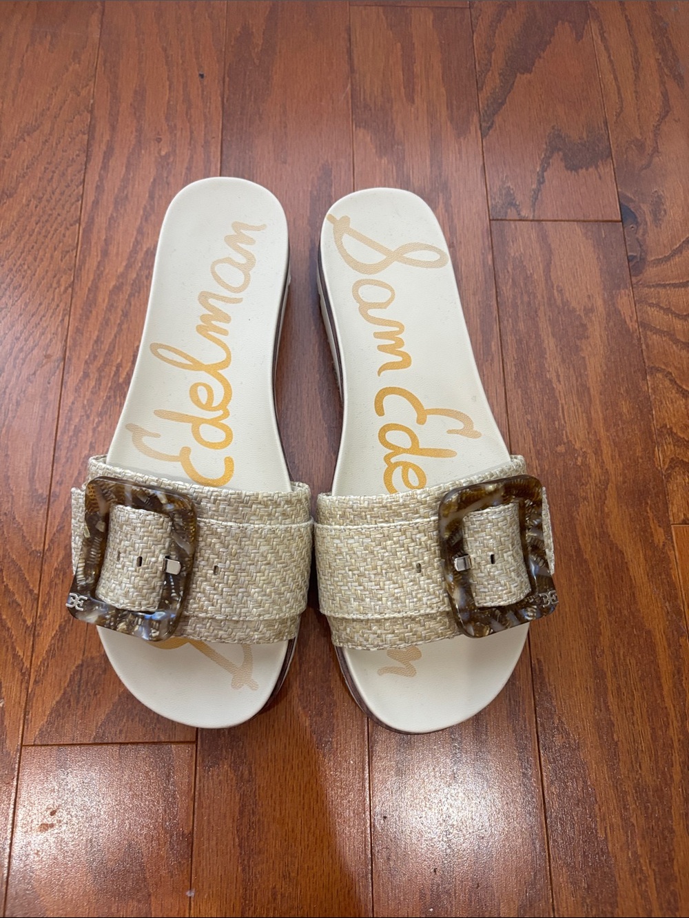 Sam Edelman Neutral Raffia Slide Sandals with Tortoiseshell Buckle